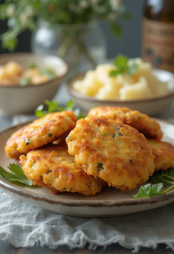 Homemade chicken patties served with fresh salad.