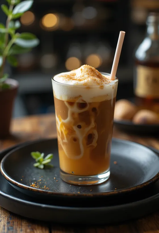 Honey-rum frappé with whipped cream and cinnamon