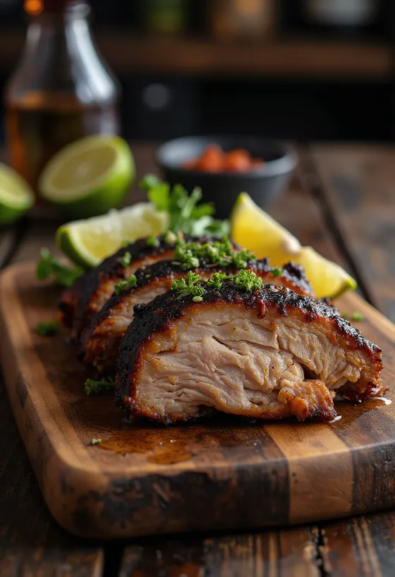 Jerk pork served with rice and peas
