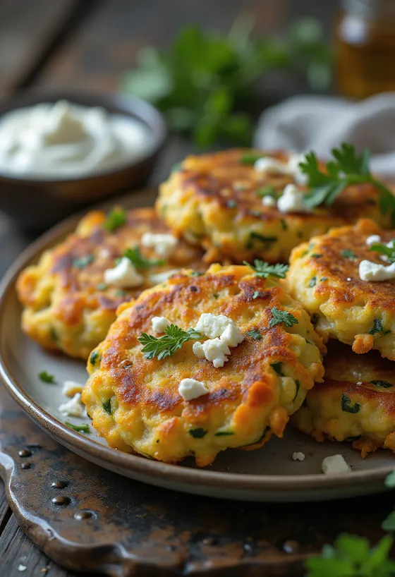 Golden fried Greek zucchini and carrot fritters served with dip