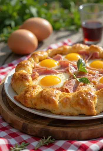 Savory puff pastry tart with ham, cheese, and basil