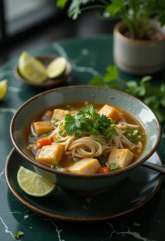 Tofu Pho served in a bowl with rice noodles, fresh cilantro and lime slices