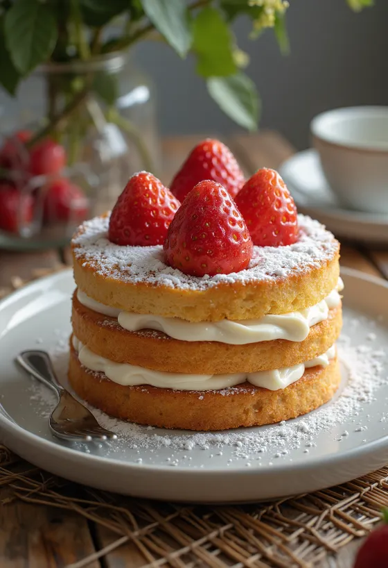 Slice of strawberry mascarpone cake on a plate