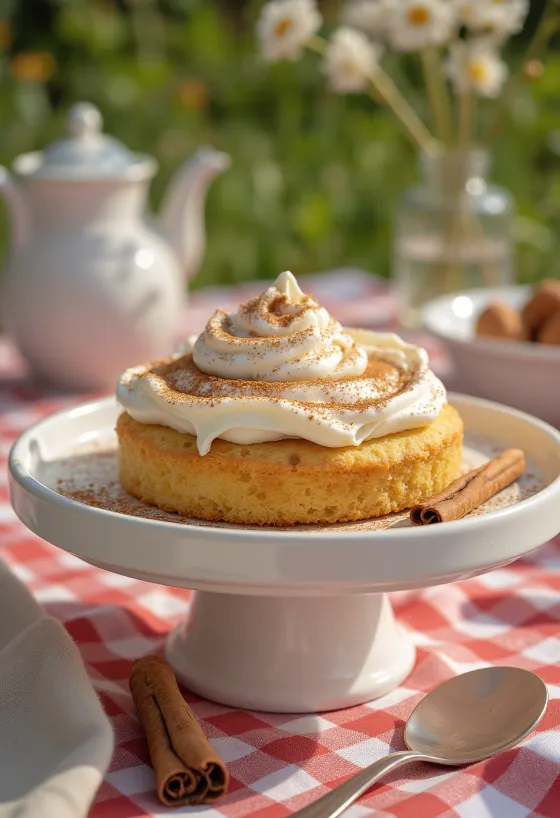 Cinnamon whipped cream cake dusted with cinnamon
