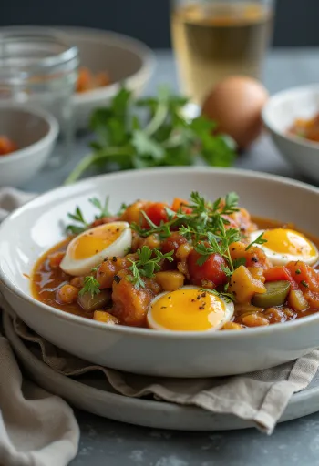 Vegan Caponata served with eggplant, olives, and tomato sauce