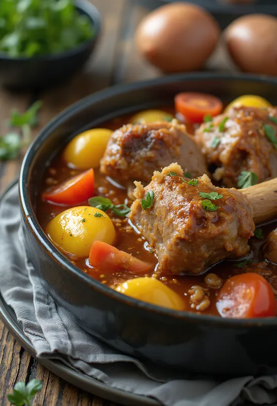 Khashlama served with lamb and vegetables