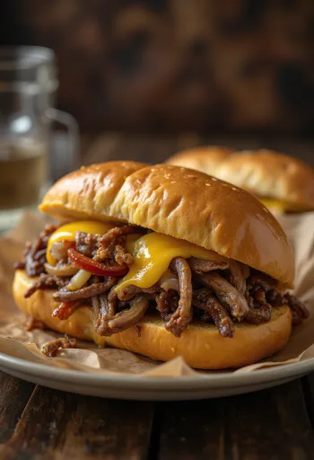 Philly cheesesteak served with fries