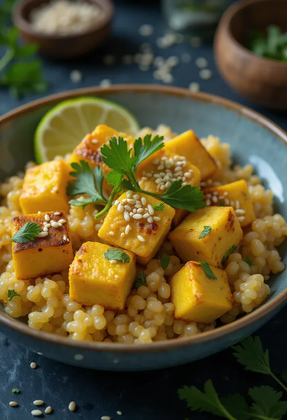 Garlic quinoa curry with tofu