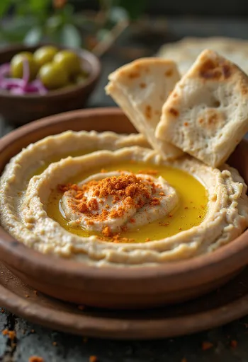 Silky smooth hummus drizzled with olive oil and served with warm pita bread.
