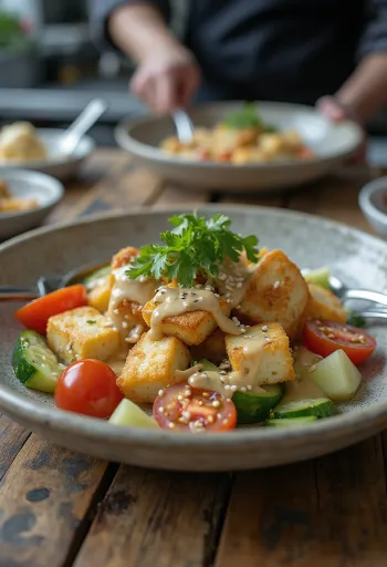 Garlic tofu salad with tahini dressing
