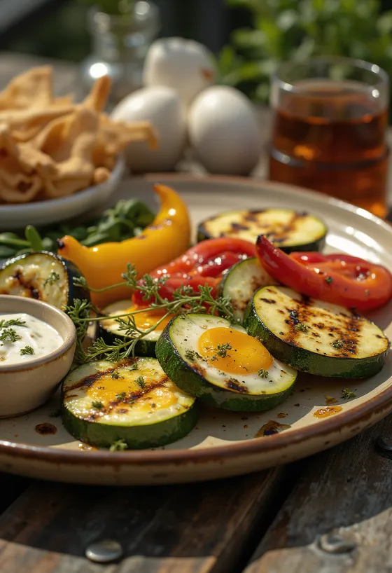 Colorful assortment of grilled vegetables sprinkled with fresh herbs.