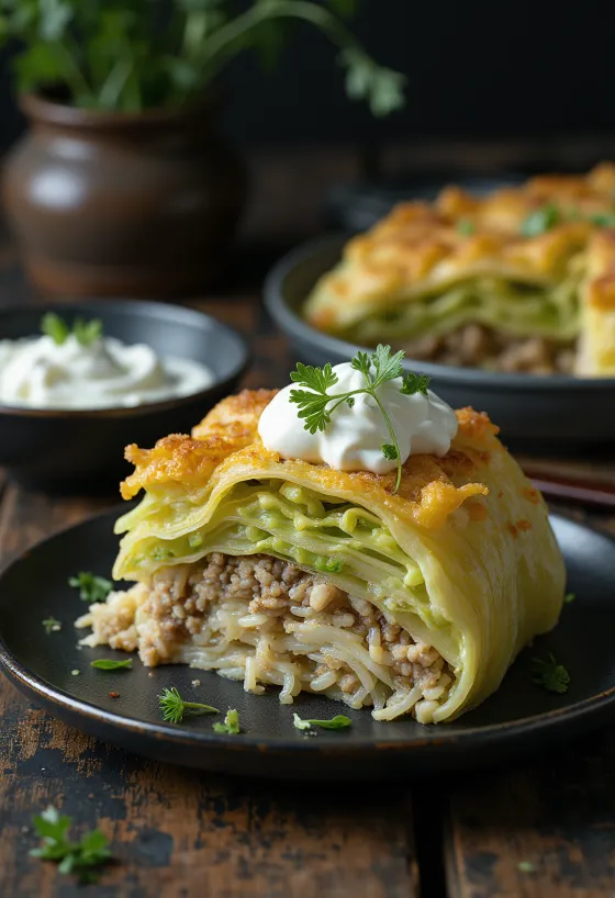 Savoy cabbage casserole layered with ground pork, rice, and sour cream, baked golden brown.