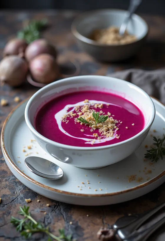 Silky beet cream soup garnished with sour cream and toasted seeds.