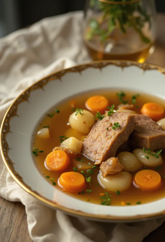 Rich beef broth served with vegetables