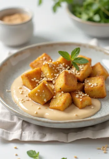 Fried tofu with tahini sauce served on a plate