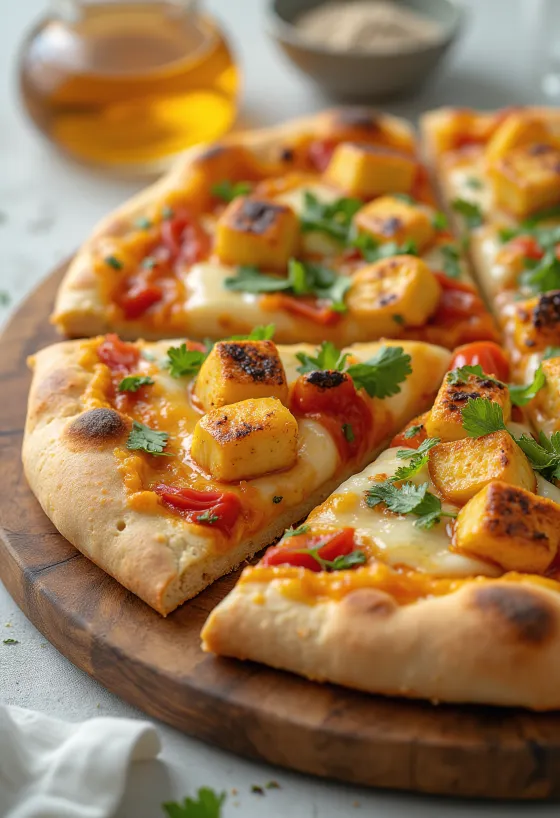 Paneer tikka pizza with yogurt sauce and veggies
