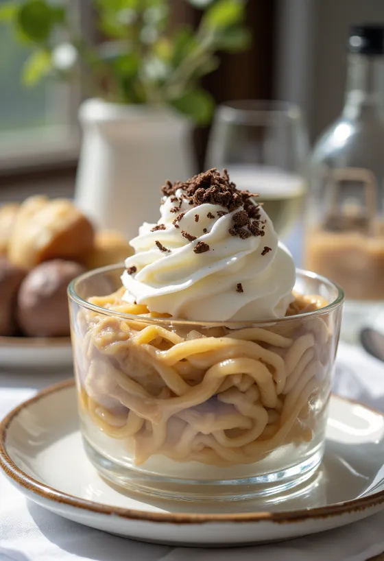 Chestnut puree topped with whipped cream and chocolate shavings
