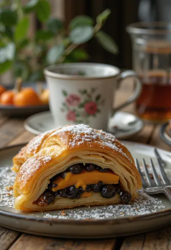 Squash and poppy seed strudel baked golden brown, dusted with powdered sugar