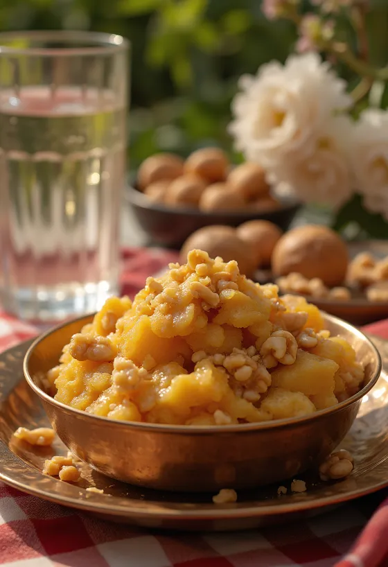 Bowl of rich Aate ka Halwa garnished with nuts.