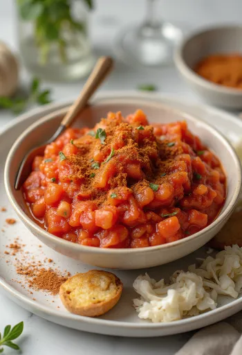 Rosemary paprika tomato sauce in a bowl, garnished with fresh rosemary and paprika.