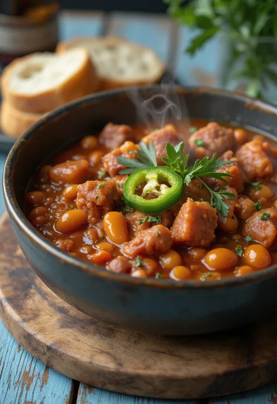 Traditional Hungarian bean goulash served richly with vegetables and meat pieces, garnished with sour cream and parsley
