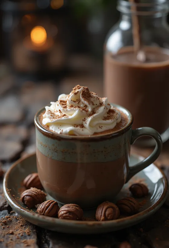 Frothy hot cocoa topped with whipped cream and chocolate shavings