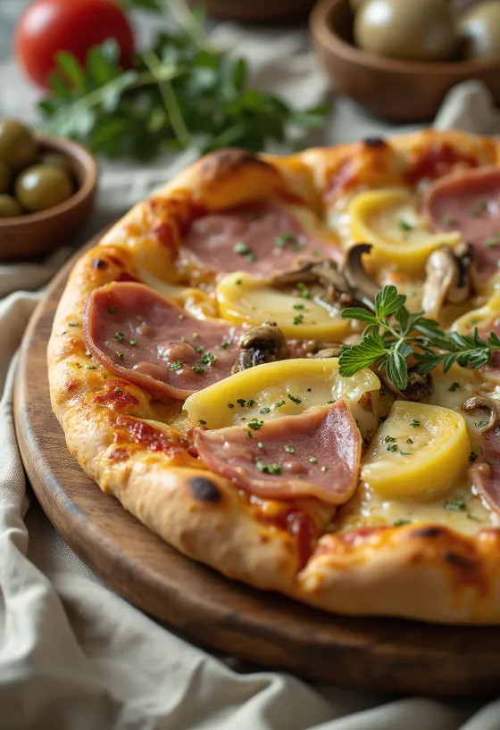 Loaded Artichoke Capricciosa pizza served on a wooden peel