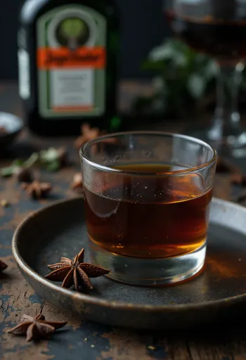 Homemade herbal liqueur served in a bottle