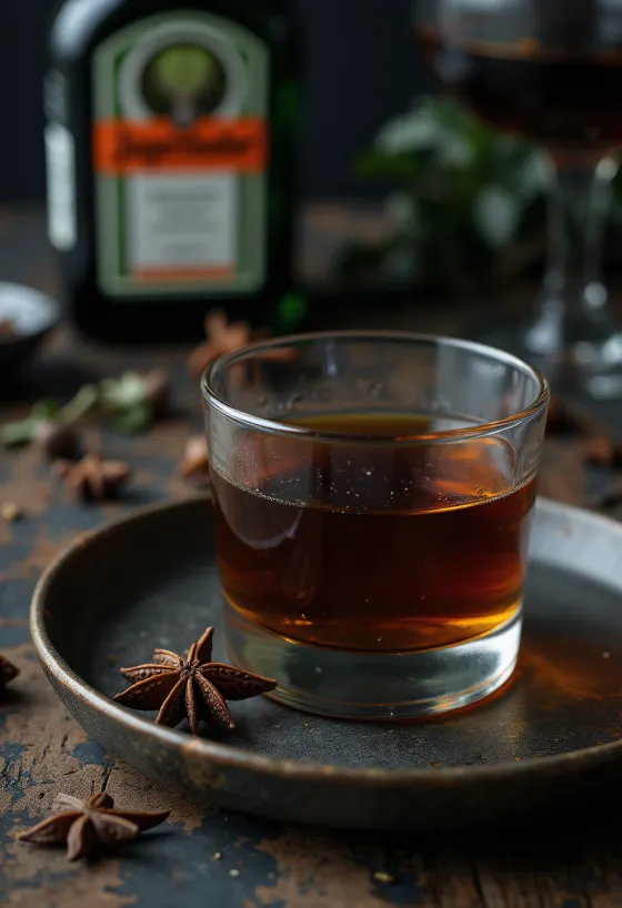 Homemade herbal liqueur served in a bottle