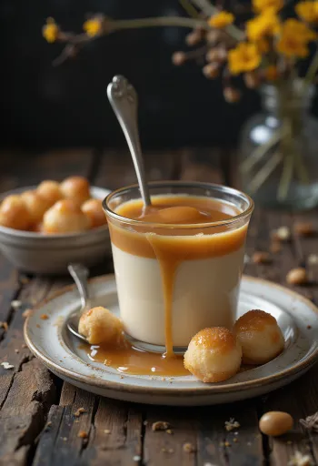 Caramel pudding topped with whipped cream and caramel sauce.