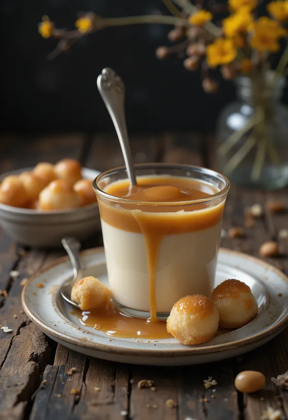 Caramel pudding topped with whipped cream and caramel sauce.