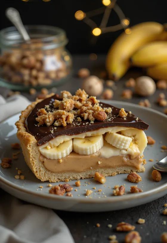 Banana peanut butter pie topped with chocolate ganache and roasted hazelnuts