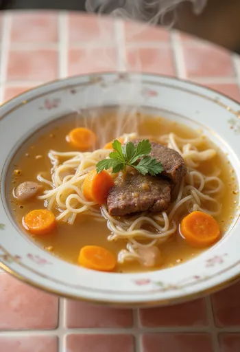 Golden beef soup served with vegetables and noodles.