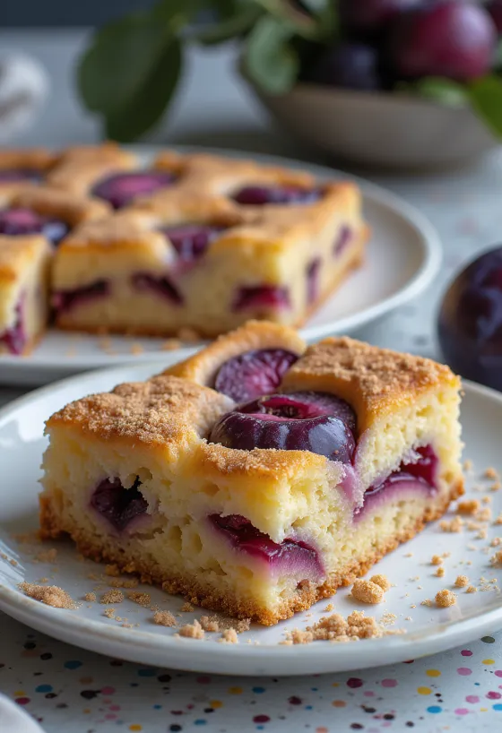 Fresh plum cake with crispy crust and ripe plum slices.
