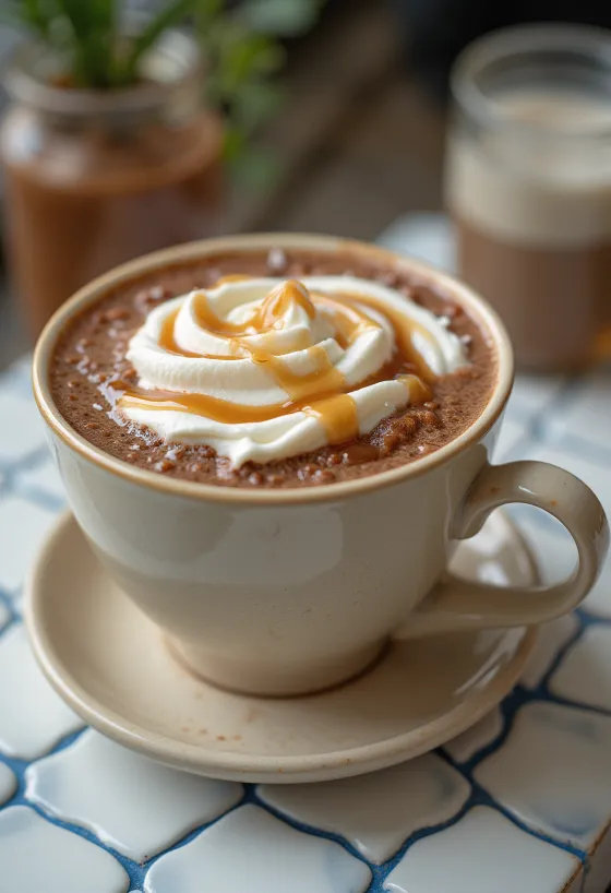 Salted caramel hot chocolate topped with whipped cream and caramel drizzle