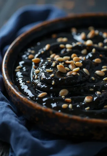 Black garlic sesame sauce in a bowl, served with toasted sesame seeds and fresh ginger.
