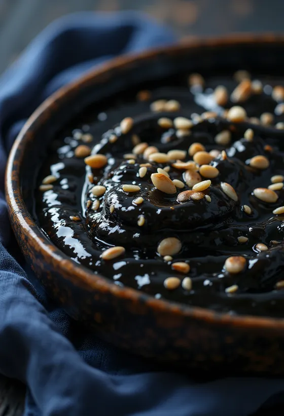Black garlic sesame sauce in a bowl, served with toasted sesame seeds and fresh ginger.
