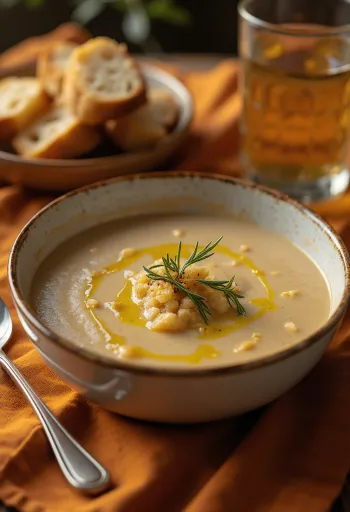 Açorda soup served with olive oil, garlic, and fresh parsley