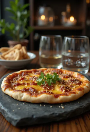 Spicy Manakish flatbread topped with red pepper paste and sesame seeds