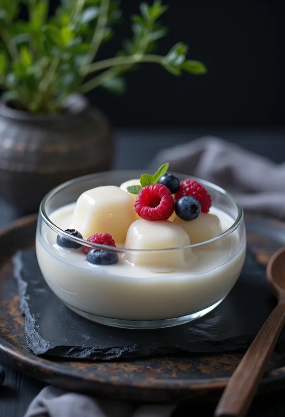 Warabi mochi cubes served over tofu pudding with berries
