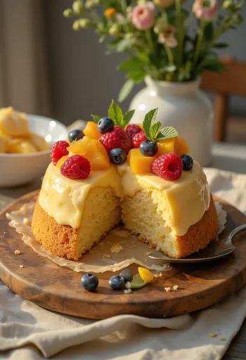 Fresh fruit tart with colorful fruits and shiny glaze