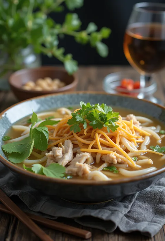 Pho Ga served with rice noodles, fresh herbs and lime