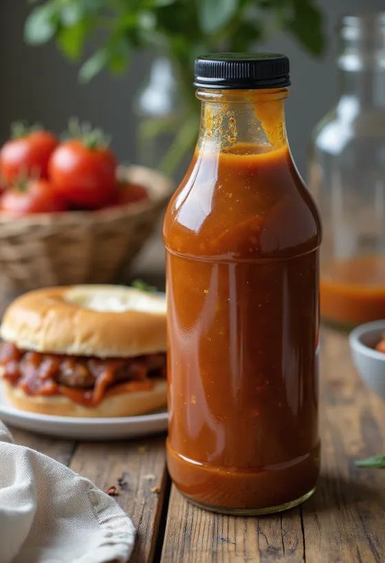 Beer tomato barbecue sauce in a bowl, next to grilled meats.