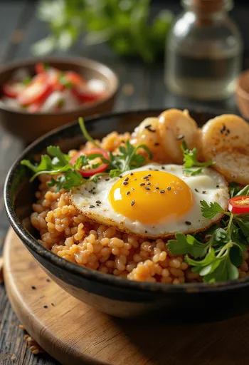Spicy Chili Rice Bowl with fried chili, egg, and salad