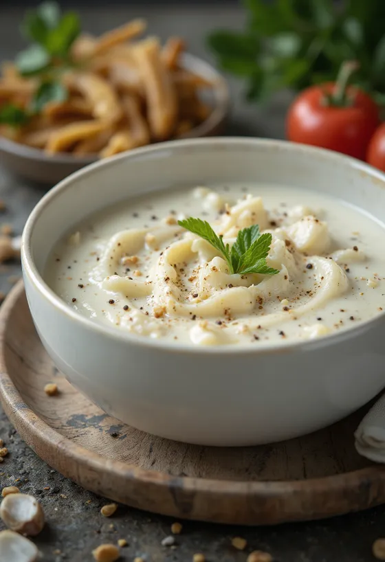 Creamy garlic herb sauce in a bowl, garnished with fresh parsley.
