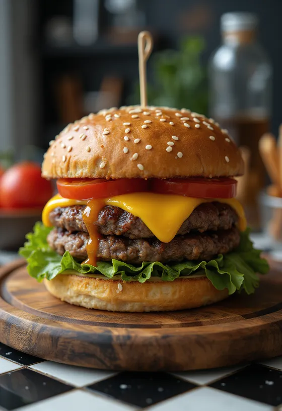 Classic beef burger with cheese and fries
