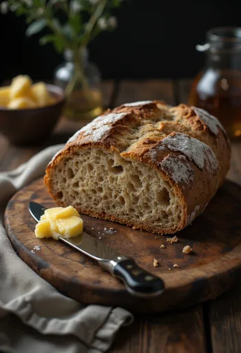 Round loaf of dark Finnish Rye Bread dusted with flour