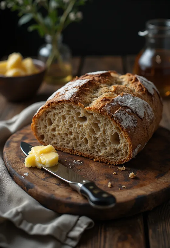 Round loaf of dark Finnish Rye Bread dusted with flour