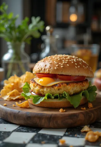 Vegan eggplant burger with fresh vegetables