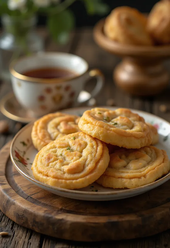 Golden brown Thekua cookies stamped with a design